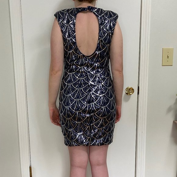 Short Blue Sequin Mini Dress; 1920s Dress, Medium - Picture 3 of 4